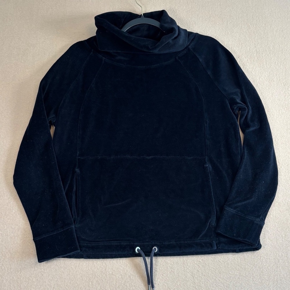Athleta Black Velour Funnel Neck Pullover Sweatshirt Kangaroo Pocket Small